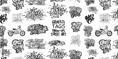 Billede på lærred Graffiti Tags And Throw ups Pattern Black And White Illustration