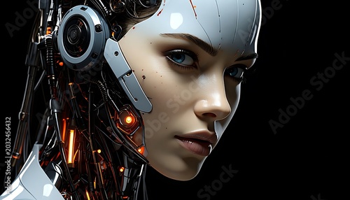 Futuristic robotic woman with metal head.