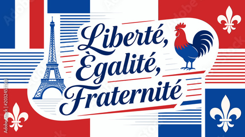 Vászonkép The French national motto Liberté, Égalité, Fraternité displayed with iconic French symbols like the Eiffel Tower and a rooster, set against the French flag
