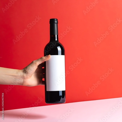 Hand holding wine bottle mockup template.