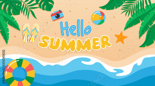 Hello Summer beach background with tropical leaves, ocean waves, flip flops, beach ball, camera and starfish. Colorful vector illustration for vacation, travel, holiday promotions and seasonal designs