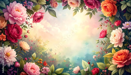 A vibrant floral arrangement surrounds a bright, sunny sky