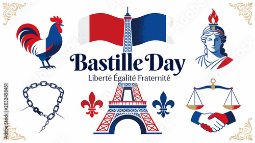 Fotografie A vibrant illustration celebrating Bastille Day with iconic French symbols like the Eiffel Tower, a rooster, and the French flag