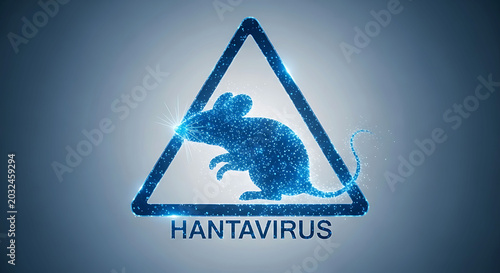 Blue glowing hantavirus warning sign with rat silhouette in triangle frame