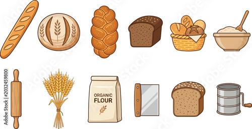 Tableau sur toile Bakery and Bread Making Collection with Organic Flour, Wheat, Pastries, Baking T