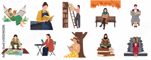 Flat illustration collection of diverse people reading books and maps in different environments such as libraries, parks, and homes