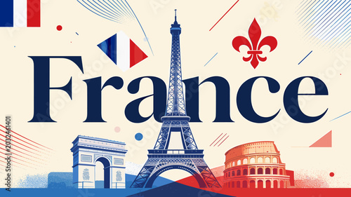 Cuadro en lienzo Vibrant illustration showcasing iconic French landmarks like the Eiffel Tower and Arc de Triomphe, with the French flag and fleur-de-lis symbolizing national pride and culture