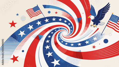 Cuadro en lienzo An abstract patriotic swirl of red, white, and blue with American flags and an eagle
