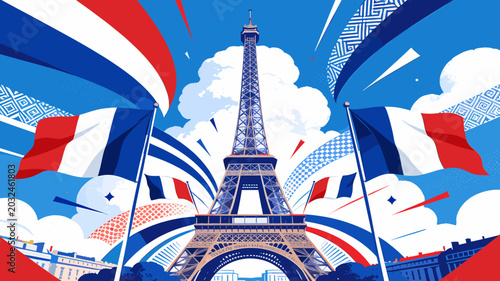 Foto The iconic Eiffel Tower in Paris, France, is celebrated with vibrant French flags and festive fireworks, symbolizing national pride and a joyous occasion