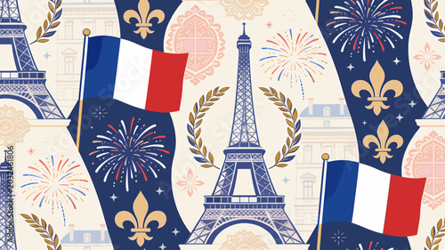 Bild auf Leinwand A vibrant French-themed illustration featuring the Eiffel Tower, French flags, fleur-de-lis, and fireworks, evoking a sense of celebration and national pride