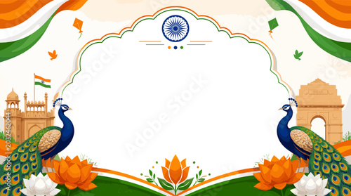 Εκτύπωση καμβά Vibrant Indian patriotic background with national symbols like peacocks, lotus flowers, and iconic monuments, framed by the tricolor flag and Ashoka Chakra, perfect for national celebrations