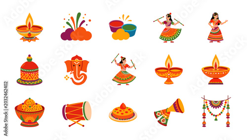 Bild auf Leinwand A vibrant collection of Indian festival icons including diyas, dancers, drums, and traditional sweets