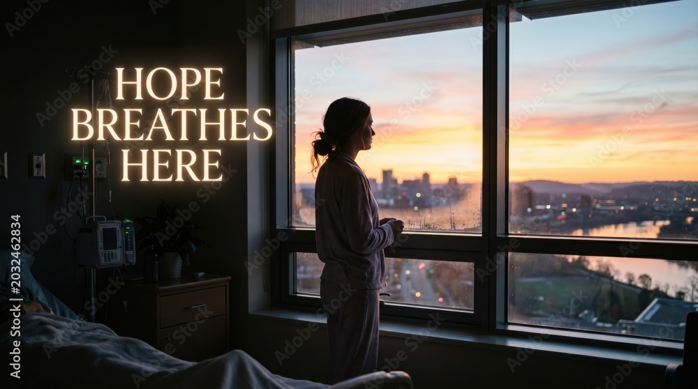 Fototapeta premium A woman stands by a hospital window looking at a sunset city