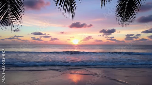 Tranquil tropical sunset with palm fronds framing the scene
