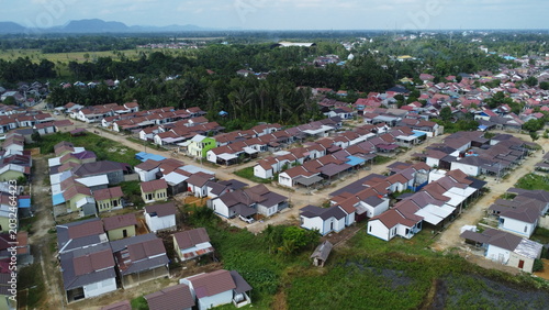 Aerial view of government subsidized housing that looks dense