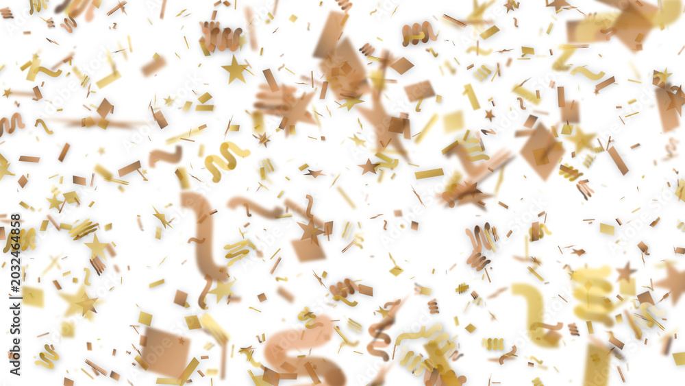 Fototapeta premium Golden confetti falling on white background, festive gold foil streamers and stars, luxury celebration party decor, shimmering metallic paper pieces
