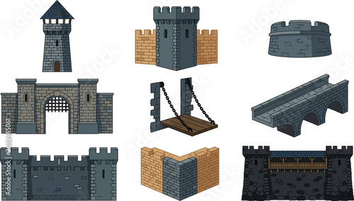 Fotografie Medieval Castle Architecture and Fortress Structure Set Featuring Watchtower Gat