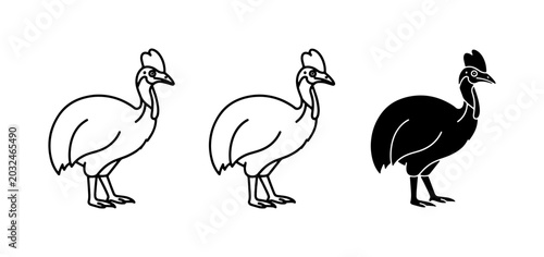 Photography Cassowary Bird Icons, Line Art and Silhouette Vector Set