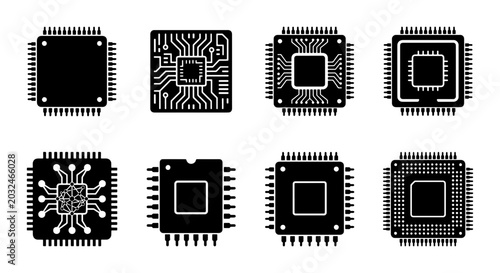 Cuadro en lienzo Microchip Icons Set, Electronic Components, Computer Hardware Vector Graphics