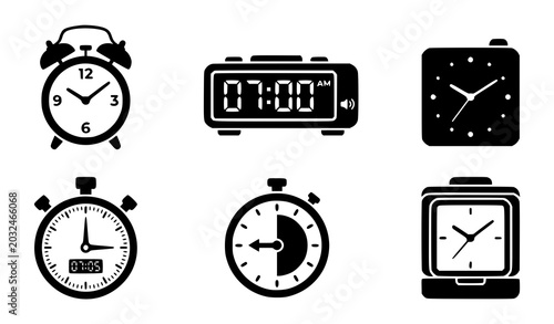 Tableau sur toile Alarm Clock Flat Black Solid Vector Icon Set for Time and Schedule Design