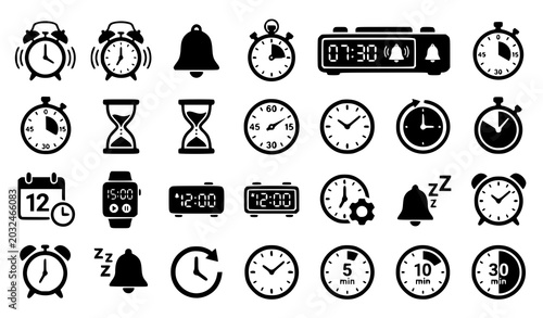 Slika na platnu Black Solid Alarm Clock Icons Minimal Flat Vector Illustration Set
