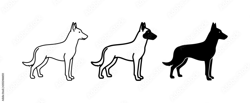 Obraz premium Dog Icons, Silhouette, Outline Vector Graphics. Canine Breed Set.