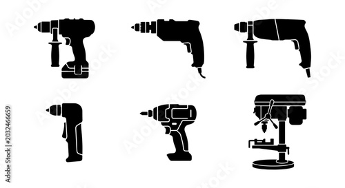 Drill Icons Set: Power Tools, Handheld Devices, Workshop Equipment
