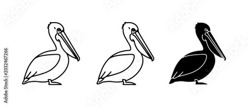 Photos Pelican Icons: Line Art, Outline, Silhouette Vector Set
