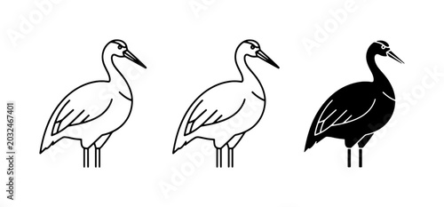 Fotografie Crane Icons Set: Outline, Line Art, Silhouette Bird Graphics