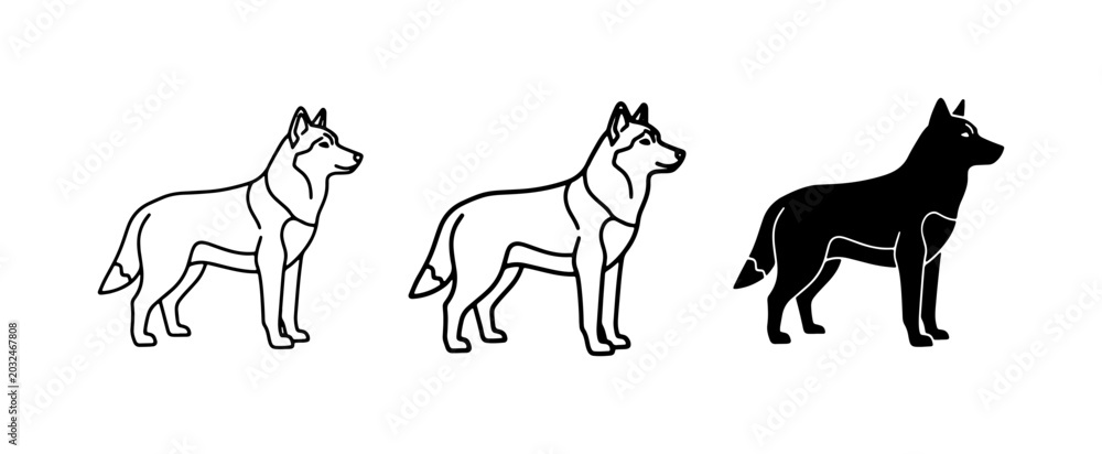 Obraz premium Husky Dog Icons, Outline and Silhouette, Canine Breed Graphics