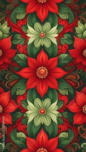 A vibrant floral pattern featuring red and green flowers