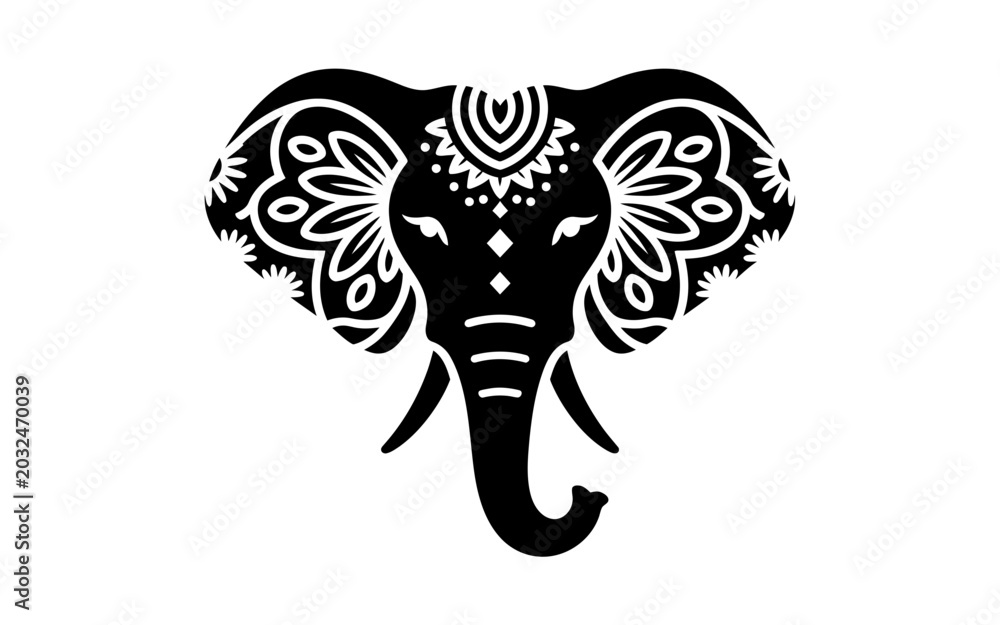 Fototapeta premium Stylized elephant head silhouette featuring intricate floral mandala patterns and symmetrical tribal