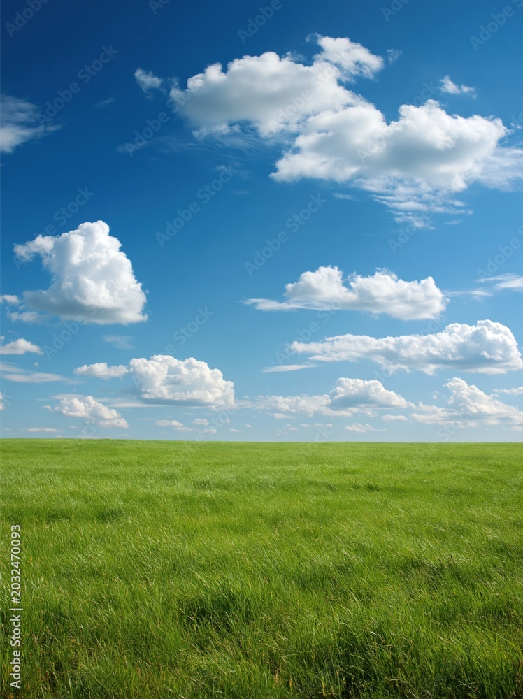 Obraz premium Vast Green Meadow Under a Bright Blue Sky Filled with Fluffy White Clouds