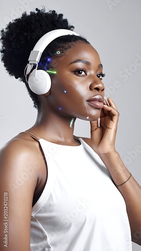 Young woman wearing white headphones listening.