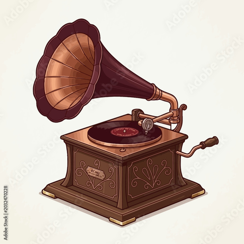 Fotografija A vintage gramophone plays a record with a large horn in a nostalgic setting