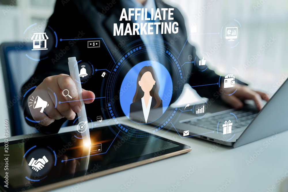 Naklejka premium Professional Business Concept of Affiliate Marketing with Data Visualization and Modern Technology for Online Success and Digital Strategies Quark.