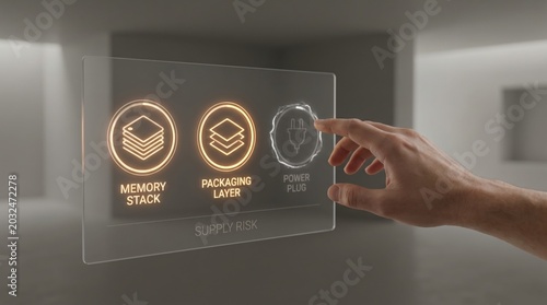 AI Hardware Supply Risk - A hand hovers over a sleek AI risk dashboard highlighting memory and packaging risks, with a clean, minimal interface focused on supply concerns.