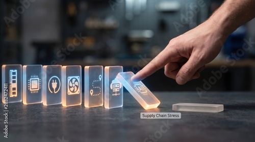 AI Hardware Supply Risk - A hand stops a collapsing chain of AI hardware icons at a missing link, symbolizing supply chain stress on a clean, minimal interface.