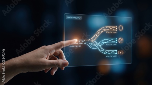 AI Hardware Supply Risk - A hand delicately separates fragile AI-related components into safer divisions, symbolizing diversified supply in a clean, minimal digital interface.
