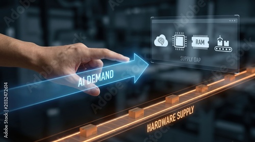 AI Hardware Supply Risk - A hand holds back rapid AI demand against slower supply lanes, illustrating a clear supply gap in a clean, minimal digital interface.