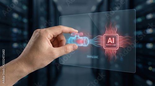 AI Hardware Supply Risk - A hand delicately adjusts cooling for an AI chip, visualizing temperature control and efficiency in a sleek, minimal tech interface.