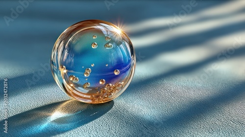Close-up of a clear crystal ball with internal bubbles, casting shadows on a blue surface