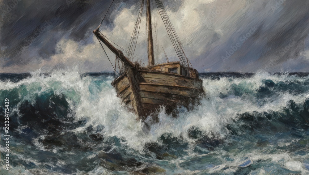 Fototapeta premium Dramatic oil painting of a wooden ship battling a tempestuous sea.