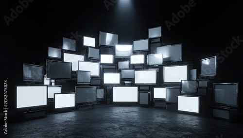 A dark room filled with glowing screens, arranged in a chaotic cluster
