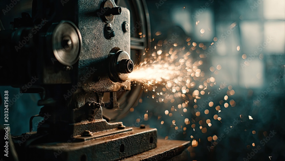 Fototapeta premium Industrial Grinding Machine Sparks Flying in Workshop.