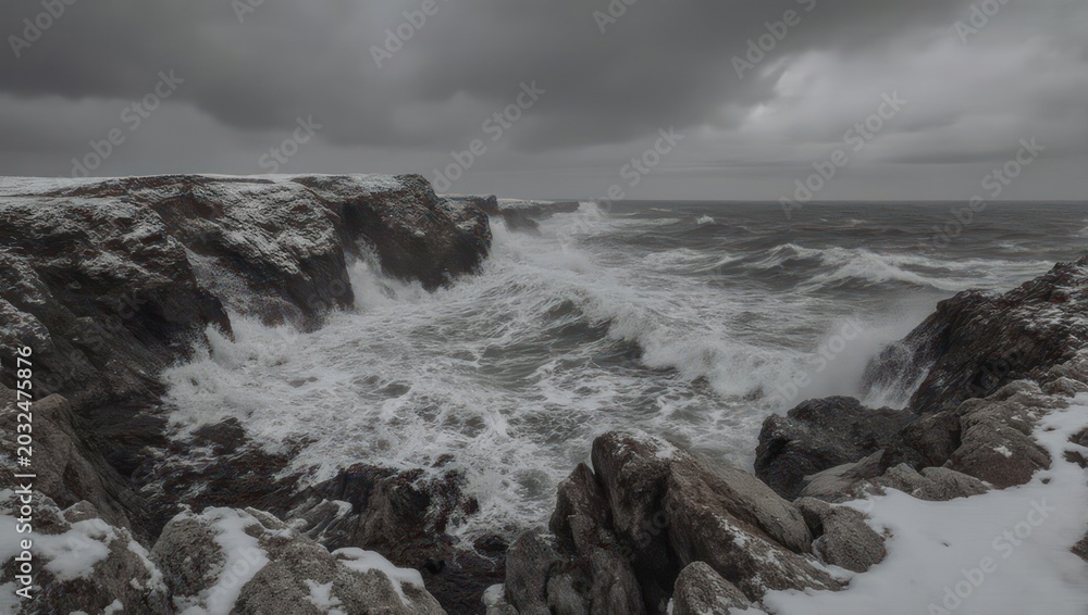 Fototapeta premium Dramatic Black and White Stormy Ocean Waves Crashing Against Rocky Shoreline.