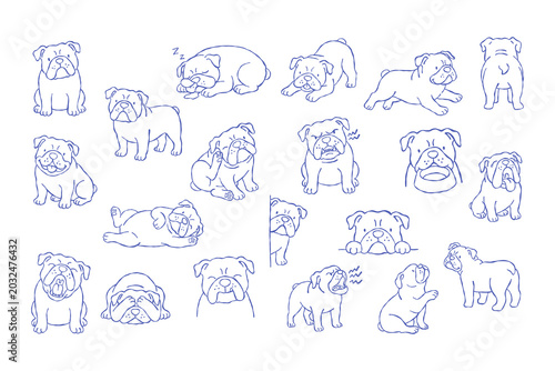 Bulldog set dog puppy pet line art illustration cartoon dog bulldog set with playful poses, sleeping, sitting, running, yawning, grumpy face