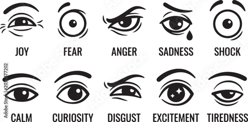 Set of Cartoon Eyes with Various Emotions and Expressions like Joy, Fear, Anger, and Sadness; Vector Facial Icons.