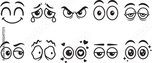  Set of Cartoon Eye Expressions and Facial Emotions, Vector Illustration of Comic Eyes showing Happy, Sad, Angry, Surprised, Sleepy, Laughing, Crying, Confused, Loving, and Bored Feelings.