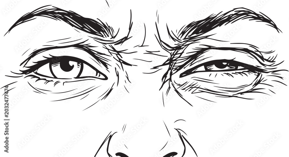 Fototapeta premium Intense hand-drawn sketch of human eyes with an angry and suspicious expression, frowning eyebrows line art illustration.